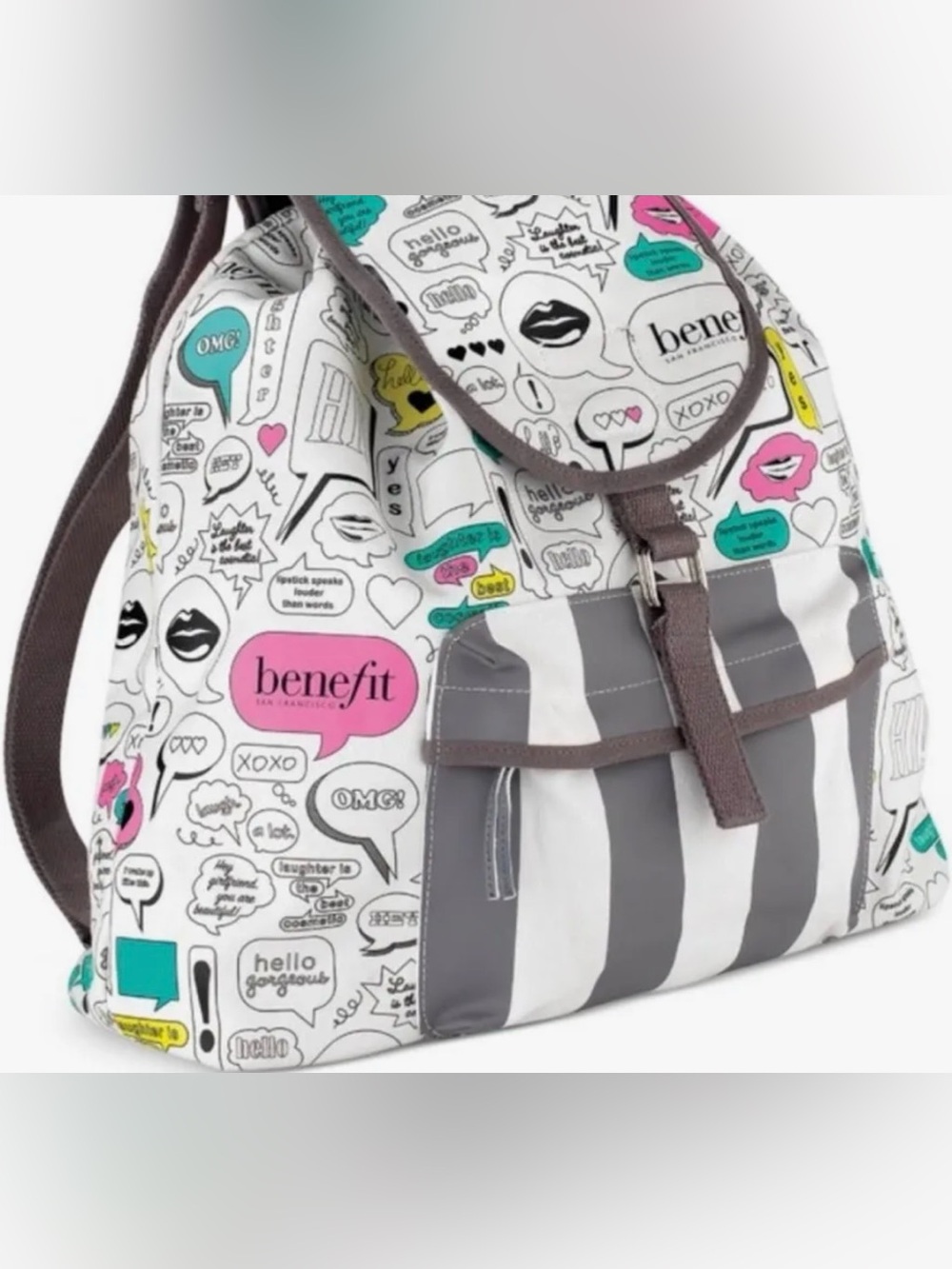 Benefit White Graphic Stripe Tote with Pink & Teal Accents - Picture 1 of 3